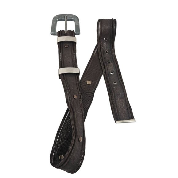 Metal Show Womens Belt Statement Brown Wide Mesh Floral Pattern Silver Buckle - Picture 5 of 8